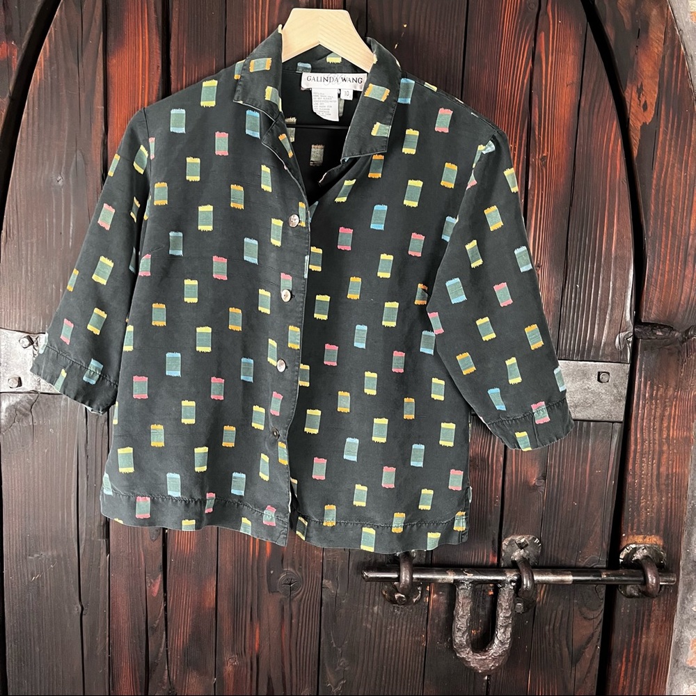 Vintage Galinda Wang cropped silk retro print top M